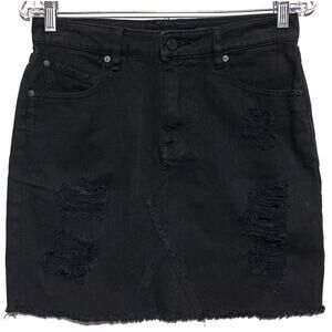 Volcom Black Jean Denim Mini Skirt S 4/6 High Rise Distressed Frayed Hem Grunge